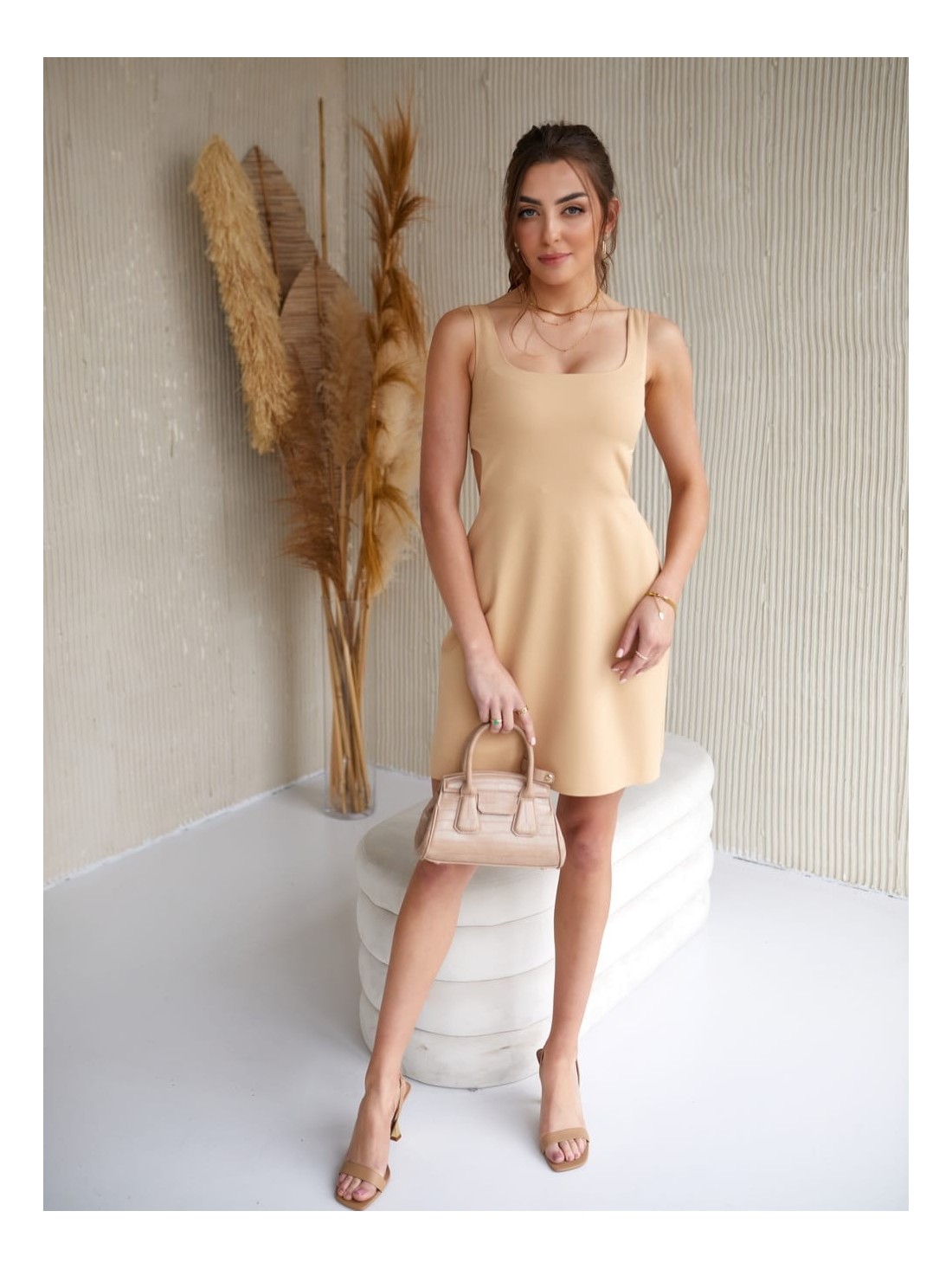 Elegant dress on straps with cutouts, beige 110547 - Online store - Boutique